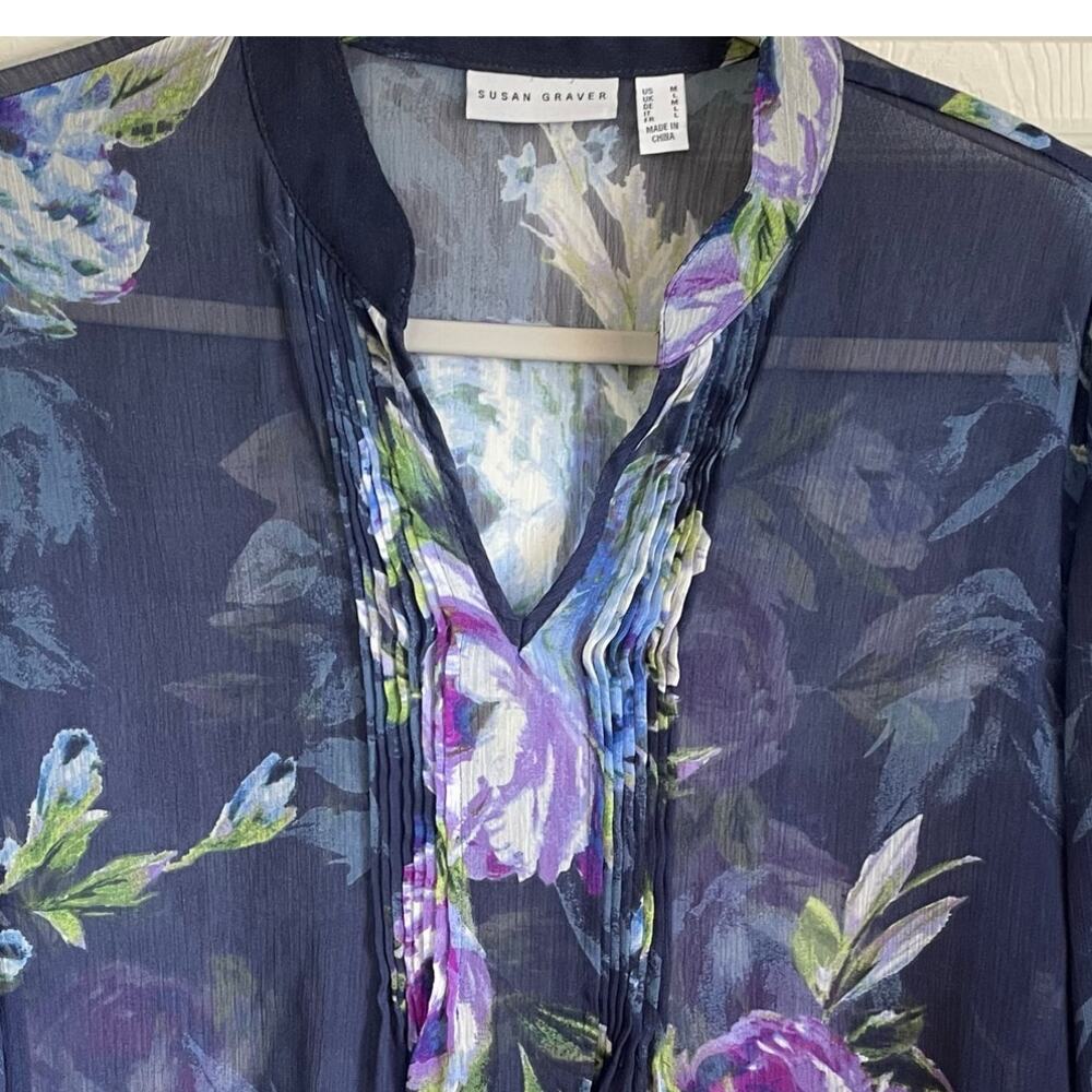 Susan Graver Sheer Floral Tunic Top Sz M Long Sleeves Pintucks Cottagecore - Picture 4 of 14